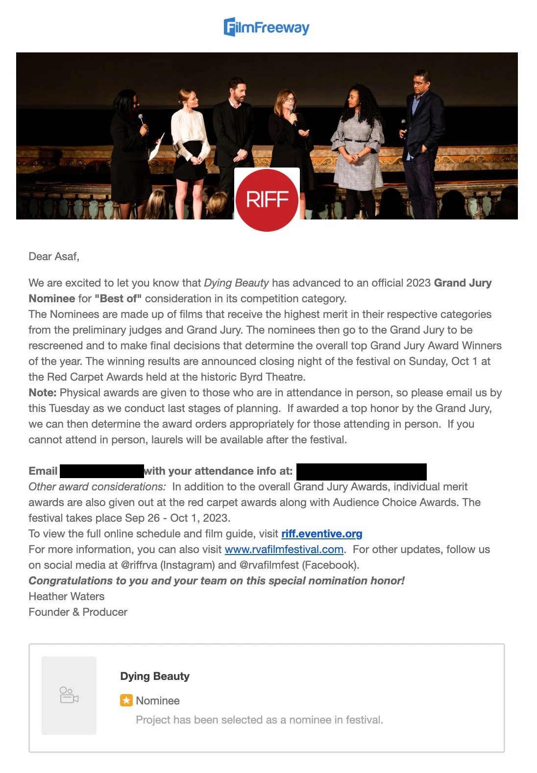 Notice from the Richmond International Film Festival announcing that Dying Beauty advanced to an official 2023 Grand Jury Nominee